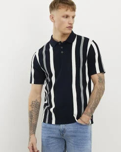 Navy Slim Fit Stripe Texture Polo Shirt