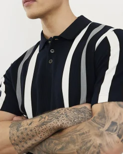 Navy Slim Fit Stripe Texture Polo Shirt