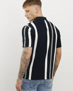 Navy Slim Fit Stripe Texture Polo Shirt