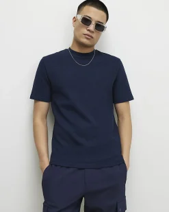 Navy Slim Fit Textured Cotton T-Shirt