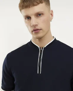 Navy Slim Fit Textured Tipped Baseball Top