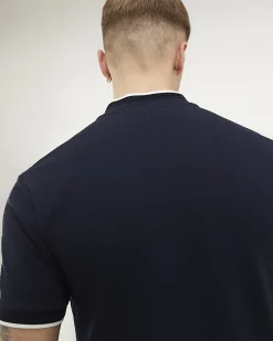 Navy Slim Fit Textured Tipped Baseball Top