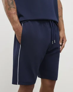 Navy Slim Fit Textured Tipped Shorts