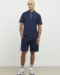 Navy Slim Fit Textured Zip Tipped Polo Shirt
