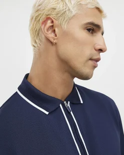 Navy Slim Fit Textured Zip Tipped Polo Shirt
