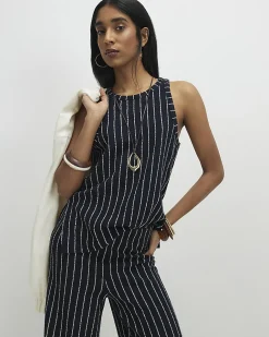 Navy Stretch Jersey Sleeveless Stripe Vest