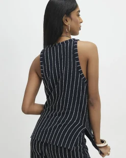 Navy Stretch Jersey Sleeveless Stripe Vest
