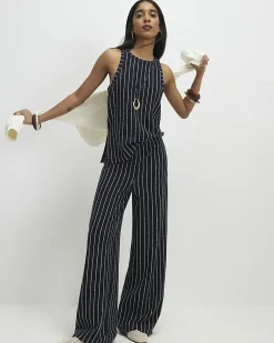Navy Stretch Jersey Stripe Wide Leg Trousers