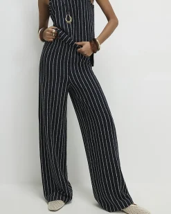 Navy Stretch Jersey Stripe Wide Leg Trousers