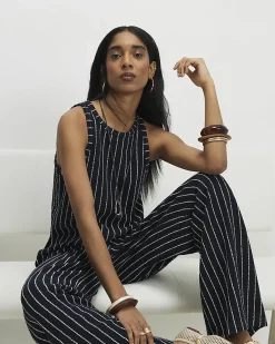 Navy Stretch Jersey Stripe Wide Leg Trousers