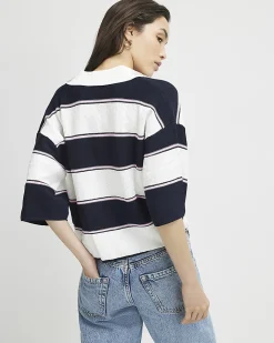 Navy Striped Knitted Polo Shirt