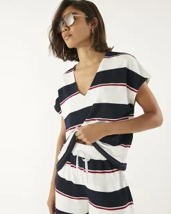 Navy Striped Textured V Neck T-shirt