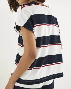 Navy Striped Textured V Neck T-shirt