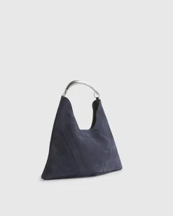 Navy Suede Metal Handle Slouch Shoulder Bag