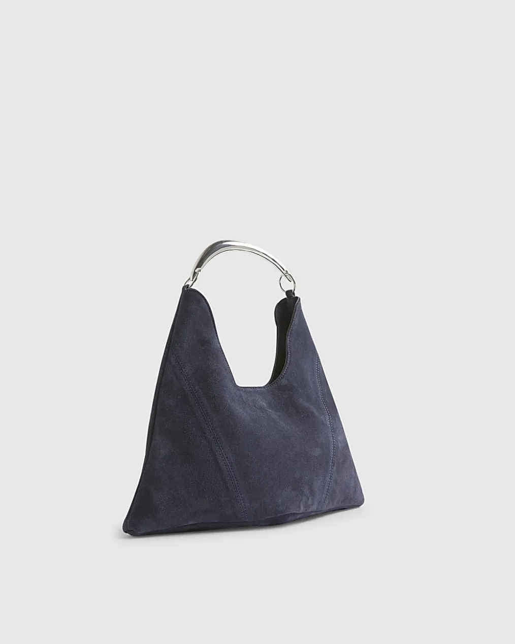 Navy Suede Metal Handle Slouch Shoulder Bag