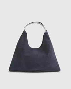 Navy Suede Metal Handle Slouch Shoulder Bag