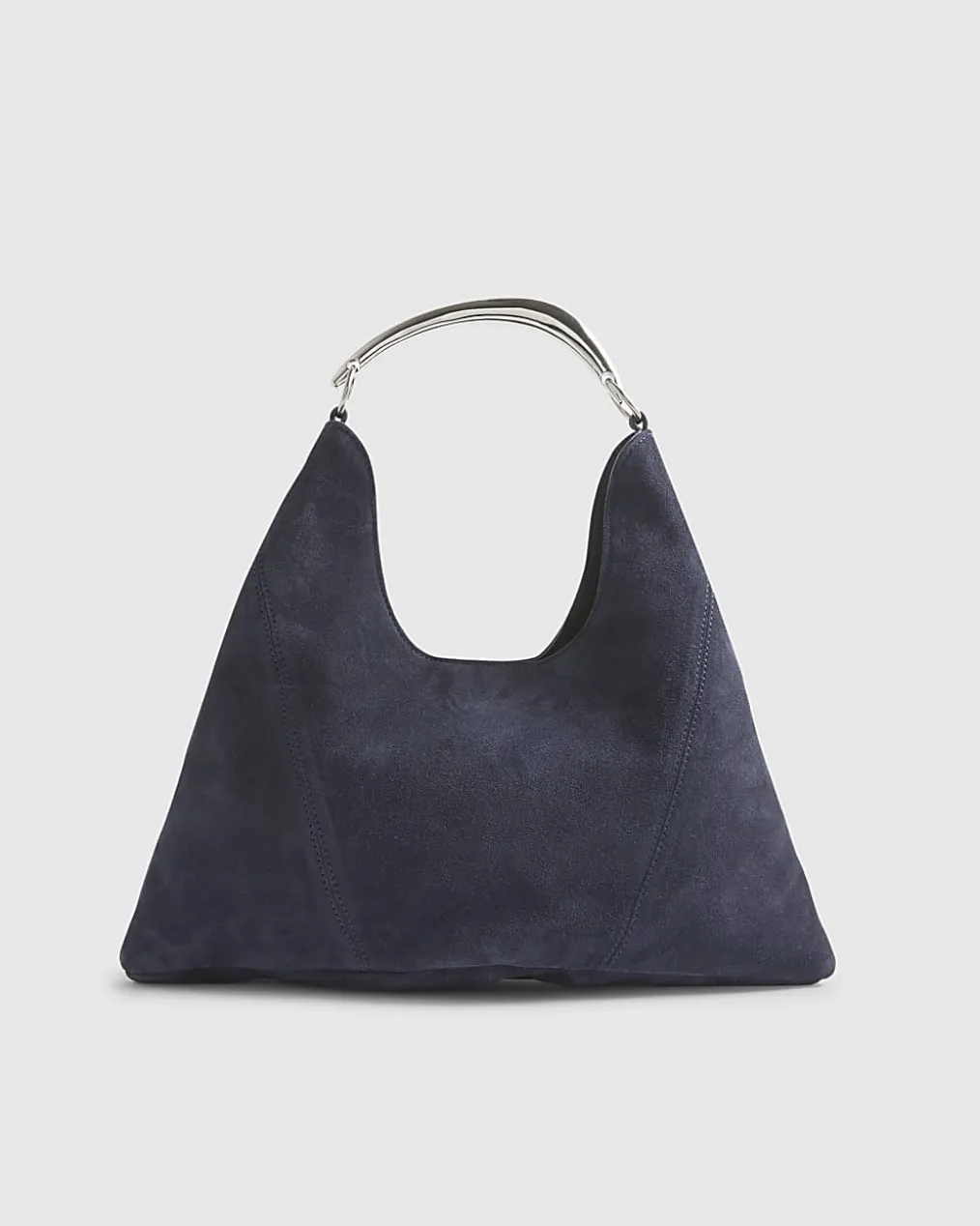 Navy Suede Metal Handle Slouch Shoulder Bag