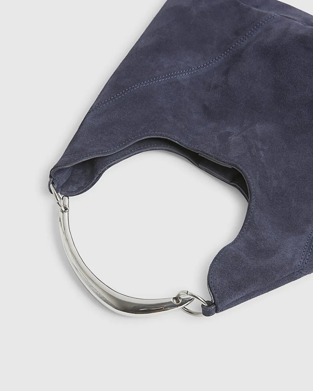 Navy Suede Metal Handle Slouch Shoulder Bag