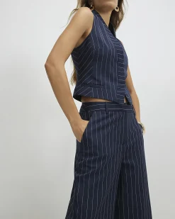 Navy Tailored Pinstripe Wide Leg Trousers
