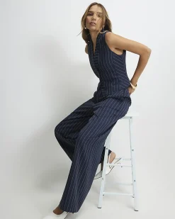Navy Tailored Pinstripe Wide Leg Trousers