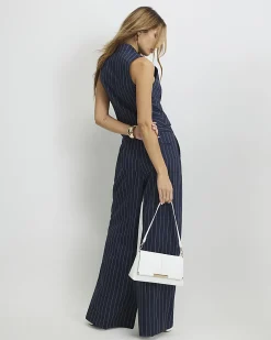 Navy Tailored Pinstripe Wide Leg Trousers