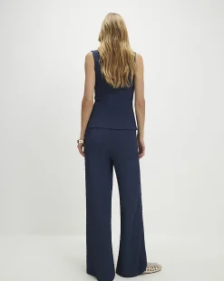 Navy Textured Drawstring Wide Leg Trousers