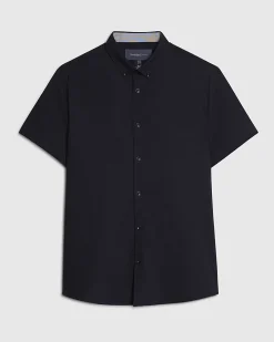 Navy Textured Muscle Fit Short Sleeve Shirt
