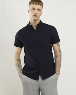 Navy Textured Muscle Fit Short Sleeve Shirt