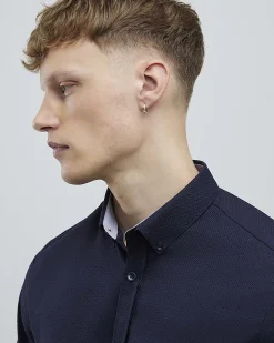 Navy Textured Muscle Fit Long Sleeve Shirt