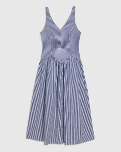 Navy V Neck Stripe Midi Dress