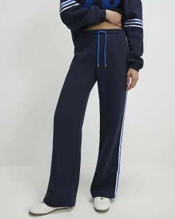 Navy Wide Leg Side Stripe Drawstring Joggers