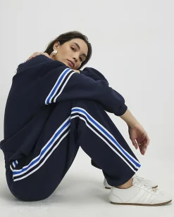 Navy Wide Leg Side Stripe Drawstring Joggers