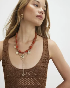 Orange Beaded Coin Multirow Necklace