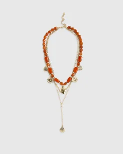 Orange Beaded Coin Multirow Necklace