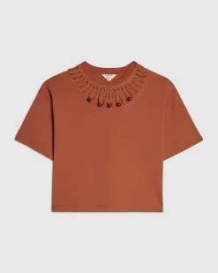 Orange Cotton Beaded Cut Out T-shirt