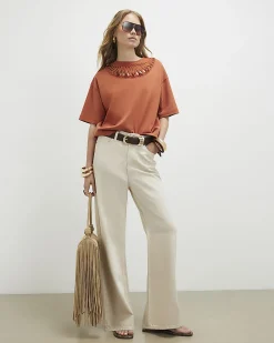 Orange Cotton Beaded Cut Out T-shirt
