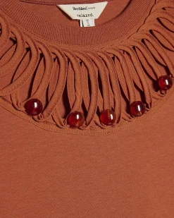 Orange Cotton Beaded Cut Out T-shirt