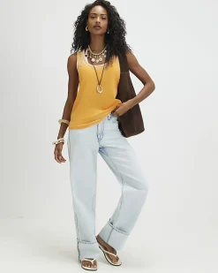 Orange Cotton Blend Burnout Tank Top