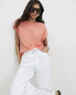 Orange Cotton Blend Burnout Effect T-Shirt