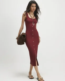 Orange Cotton Blend Button Front Midi Dress