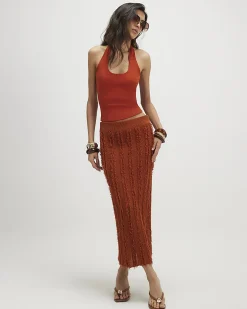 Orange Cotton Blend Halter Neck Tank Top