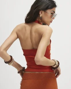 Orange Cotton Blend Halter Neck Tank Top