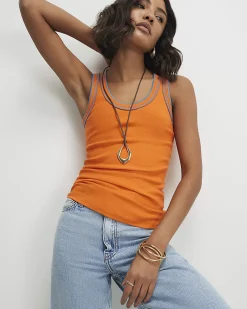 Orange Cotton Blend Whipstitch Tank Top
