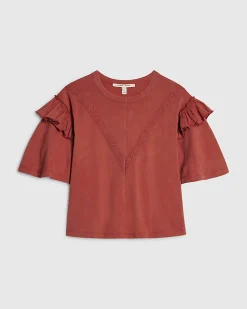 Orange Cotton Chevron Ruffle Sleeve T-Shirt