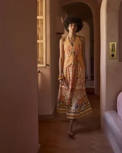 Orange Cotton Floral Print Peplum Maxi Dress