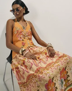 Orange Cotton Floral Print Peplum Maxi Dress