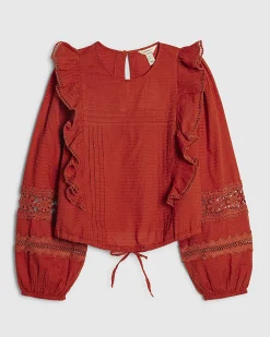 Orange Cotton Long Sleeve Ruffle Blouse