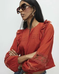 Orange Cotton Long Sleeve Ruffle Blouse