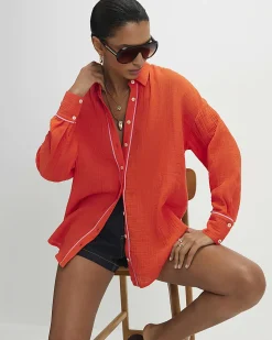 Orange Cotton Tie Back Beach Shirt