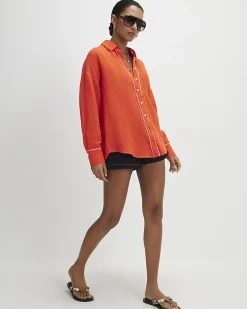 Orange Cotton Tie Back Beach Shirt